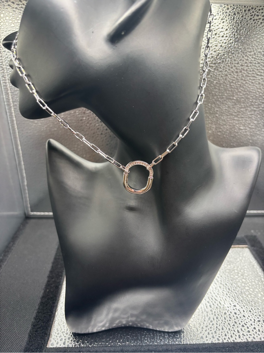Polished Silver Circle Link Necklace with Paperclip Chain - Silver